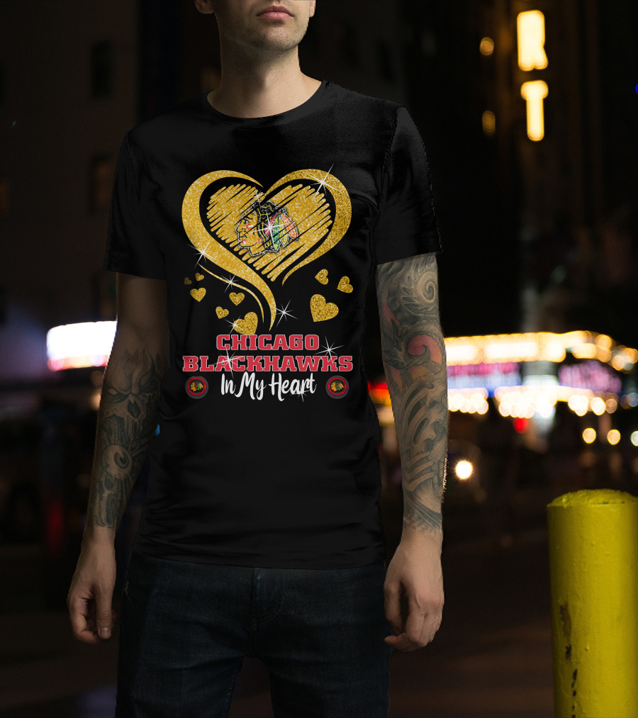 Chicago Blackhawks In My Heart Golden Glitter Logo Hearts T-Shirt