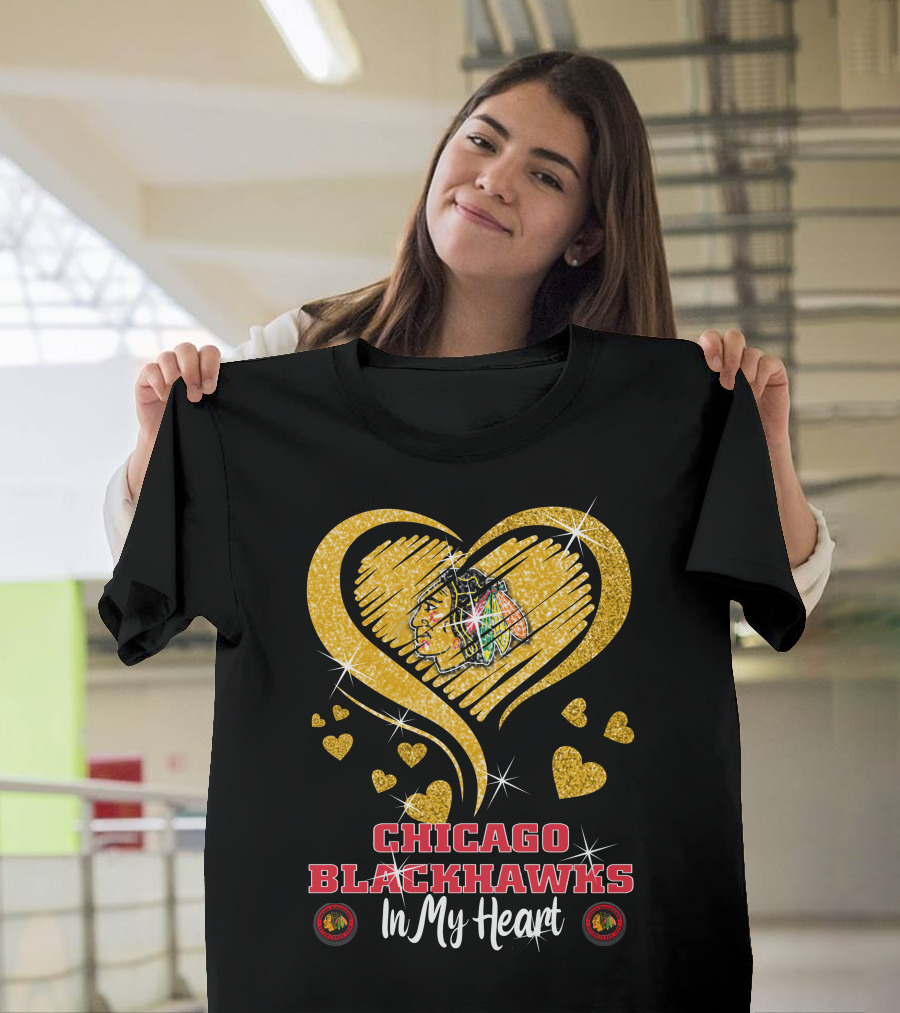 Chicago Blackhawks In My Heart Golden Glitter Logo Hearts T-Shirt