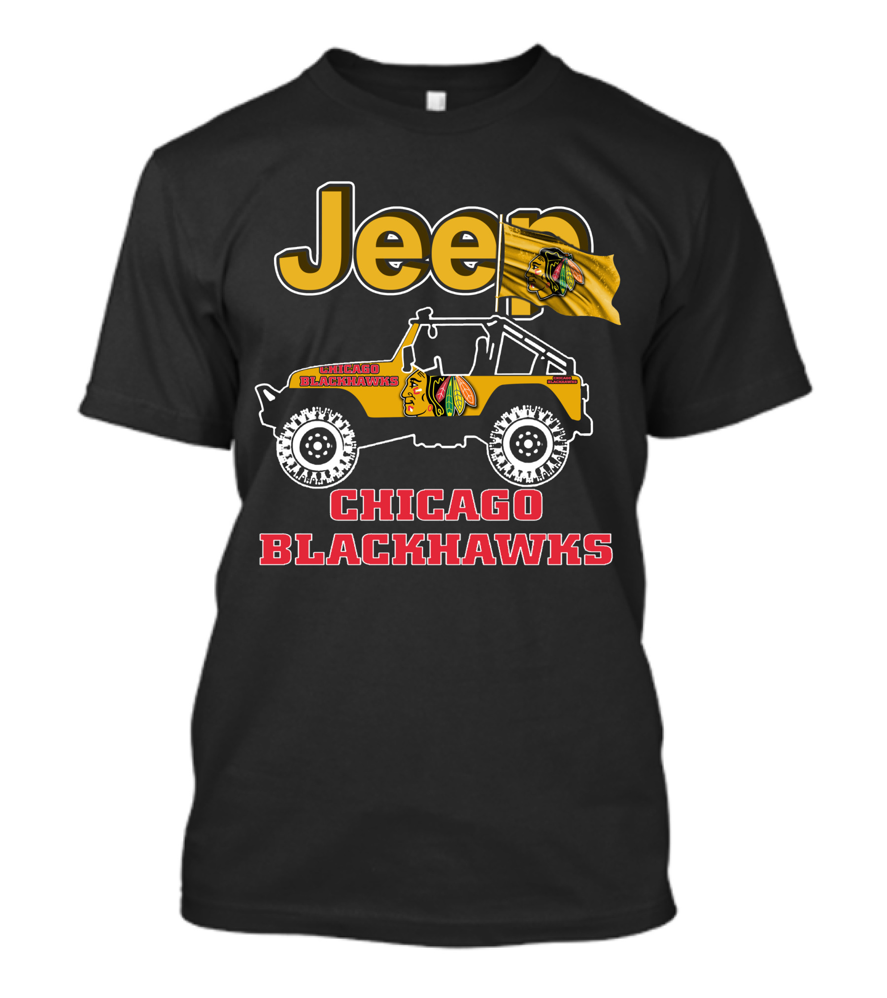 Jeep Chicago Blackhawks Off-Road Vehicle With Team Logo And Flag T-Shirt
