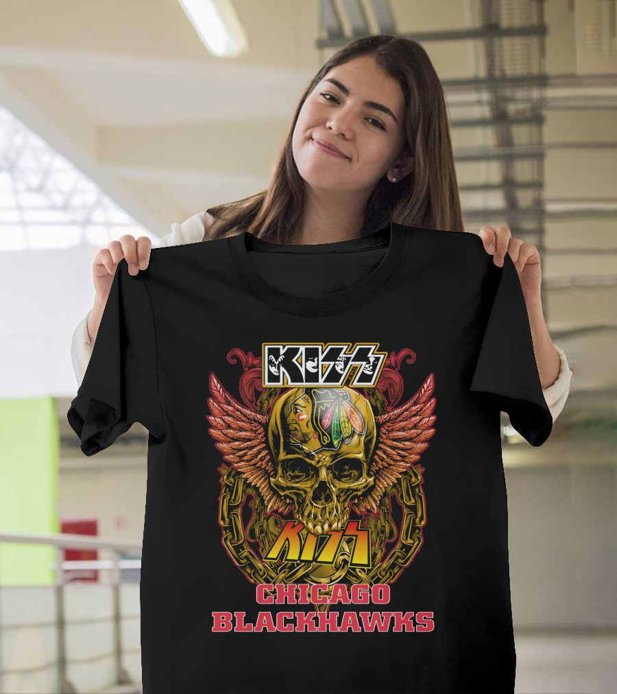 Kiss Chicago Blackhawks Skull With Wings And Chains T-Shirt