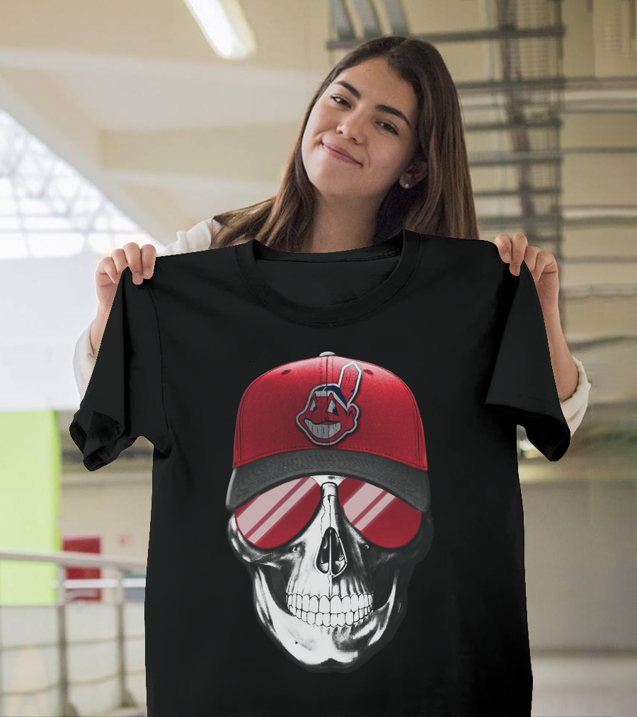 Skull With Cleveland Indians Cap And Sunglasses T-Shirt