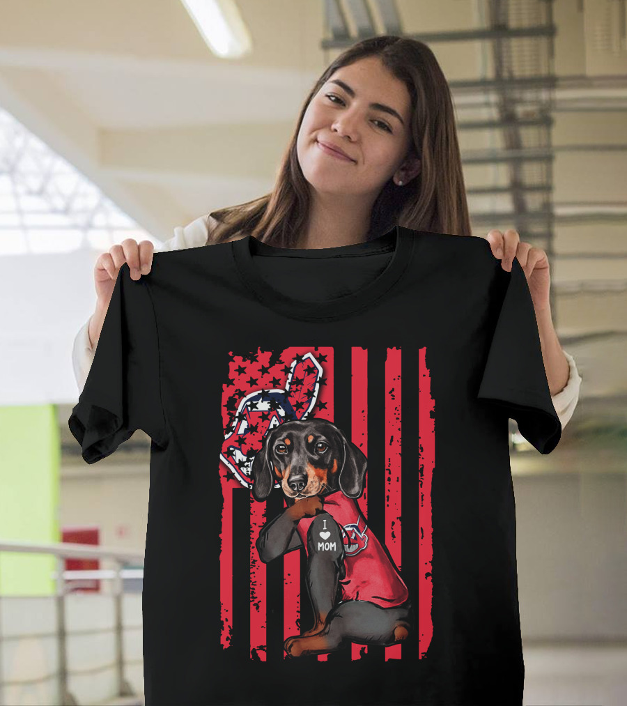 Dachshund with Baseball Team Logo and I Love Mom Patch on Red Stripes T-Shirt