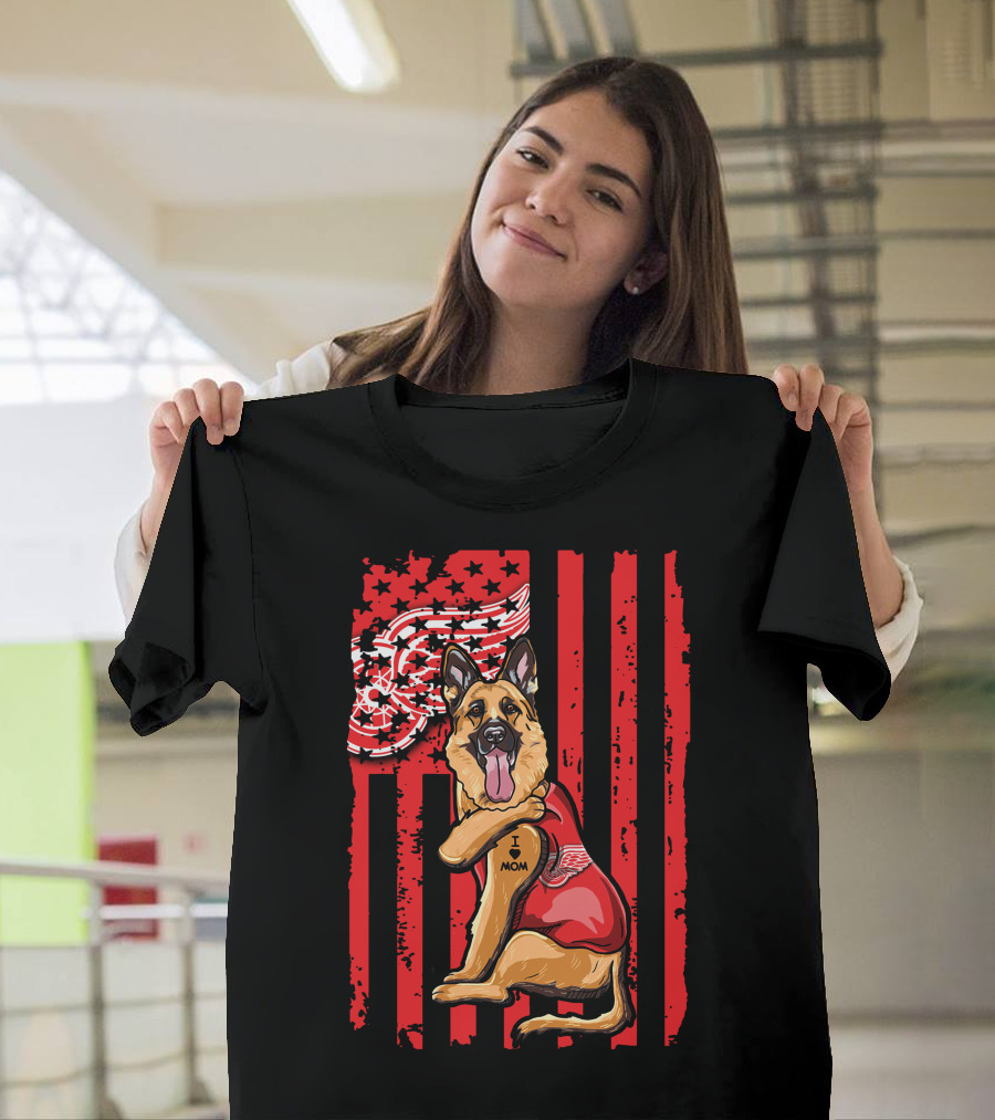 German Shepherd with Detroit Red Wings and I Love Mom Tattoo Flag Background T-Shirt