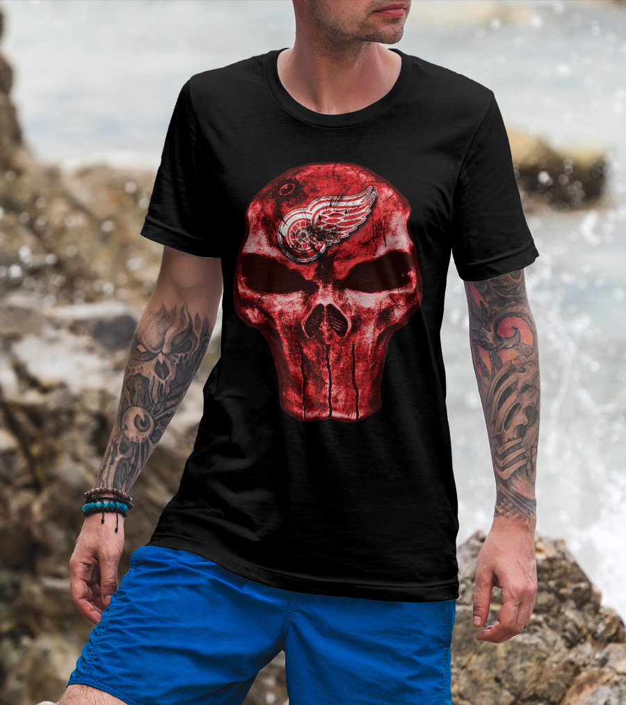 Skull Detroit Red Wings Grunge Style Emblem T-Shirt