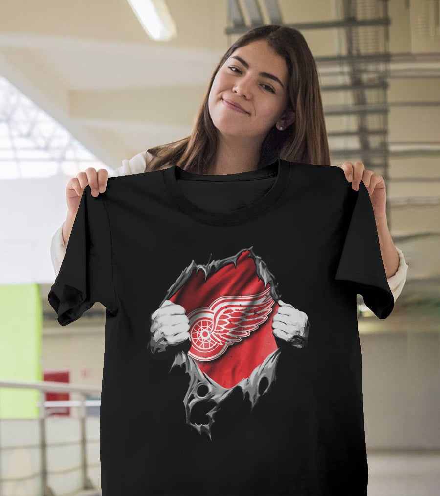 Detroit Red Wings Hockey Emblem Behind Ripped Fabric Peeking Out T-Shirt