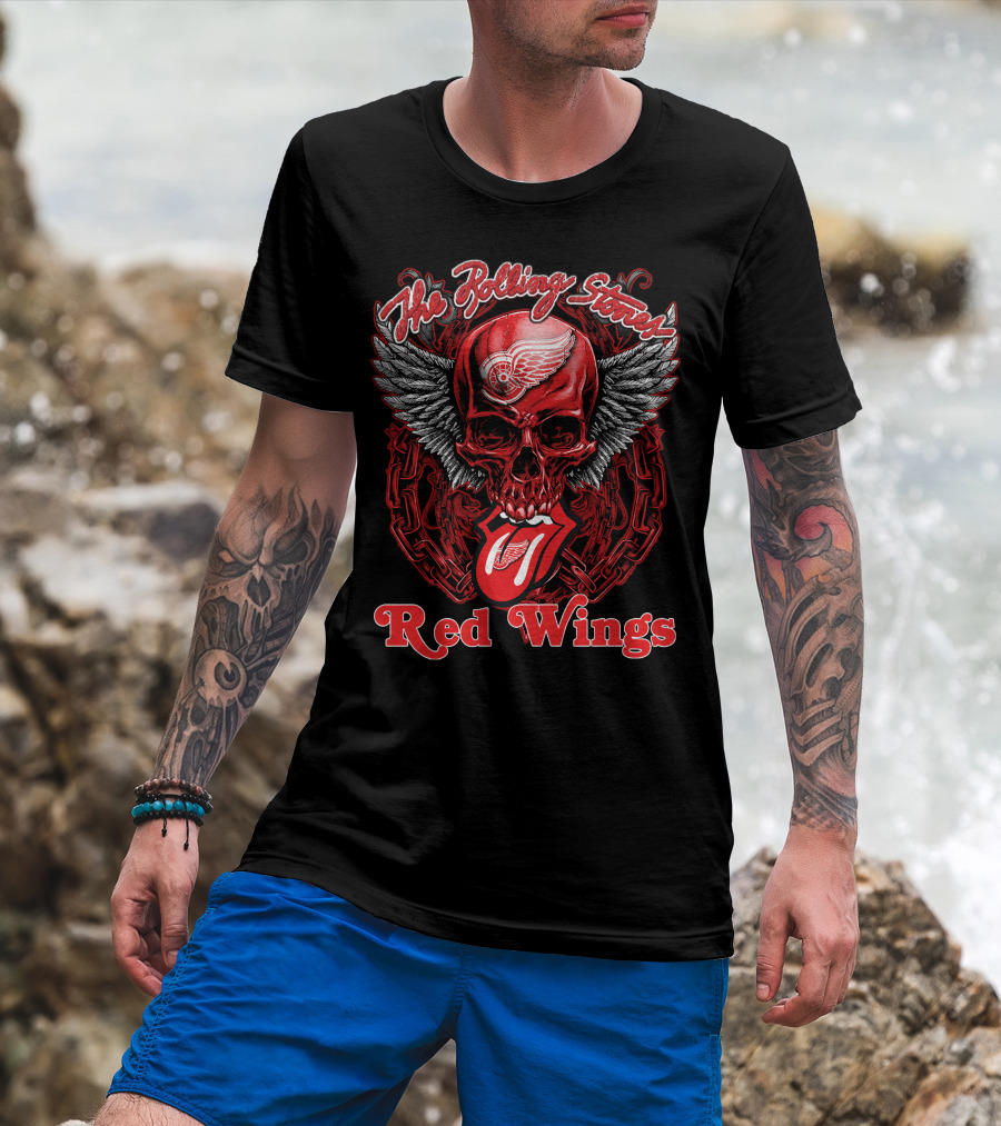 The Rolling Stones Skull With Detroit Red Wings Wings And Tongue T-Shirt
