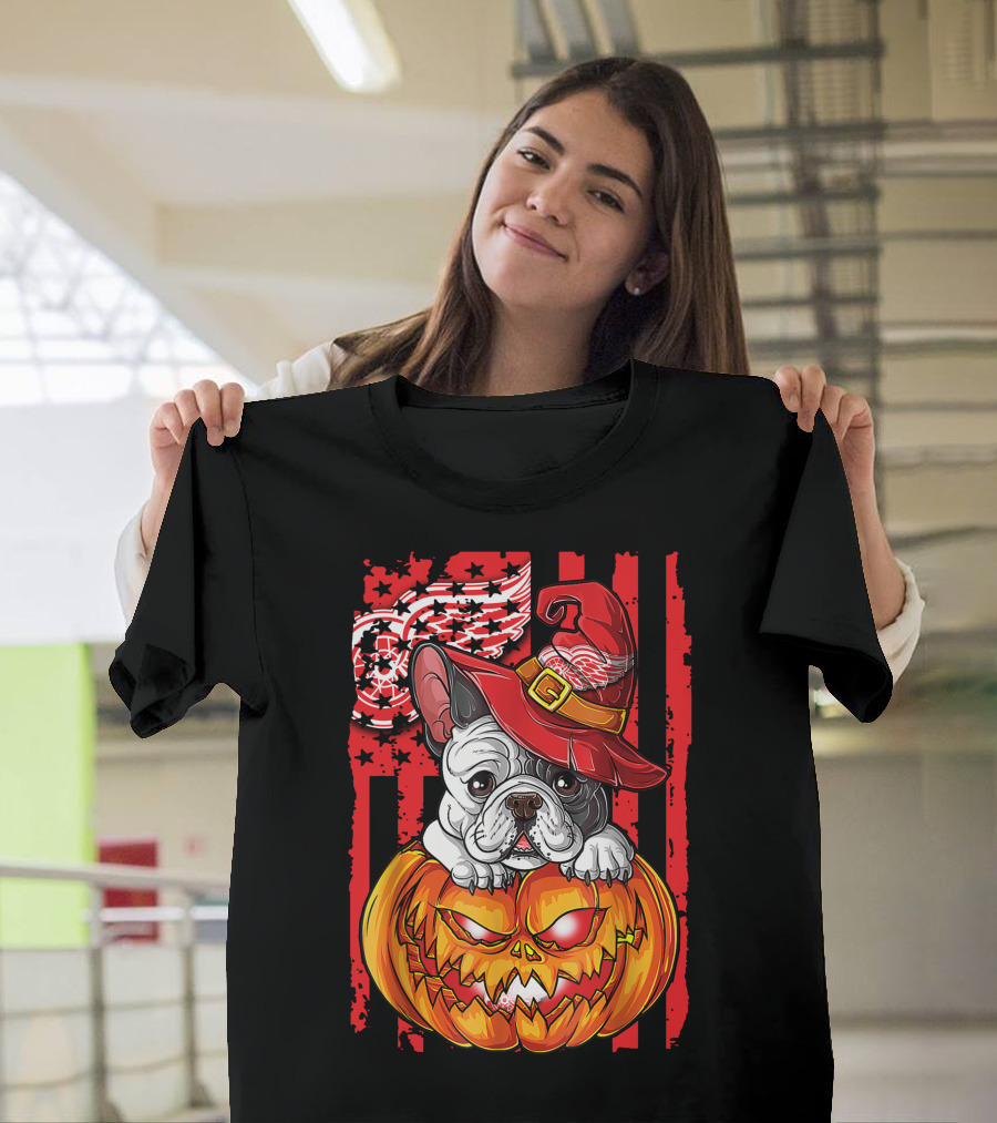 Hlw Bulldog Detroit Red Wings Witch Hat Pumpkin Halloween T-Shirt