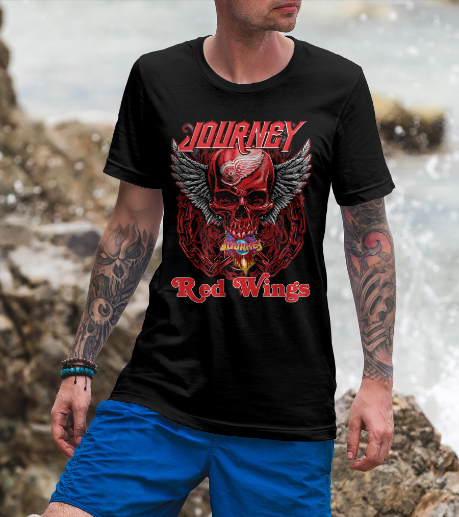 Journey Detroit Red Wings Skull Wings Flame Chain T-Shirt
