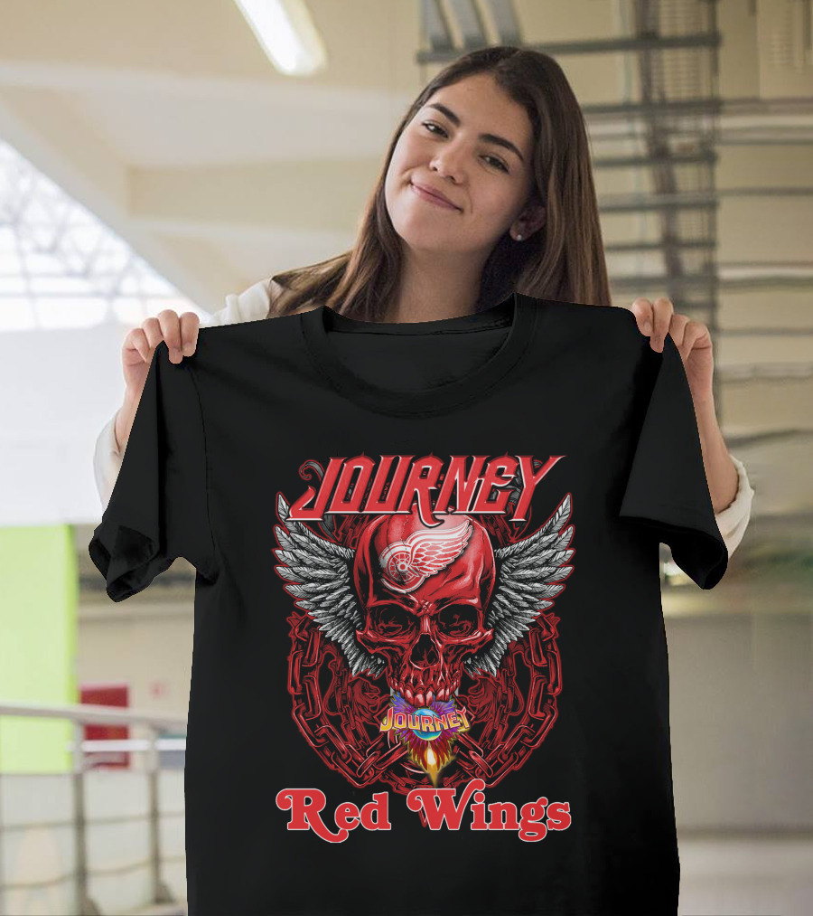 Journey Detroit Red Wings Skull Wings Flame Chain T-Shirt