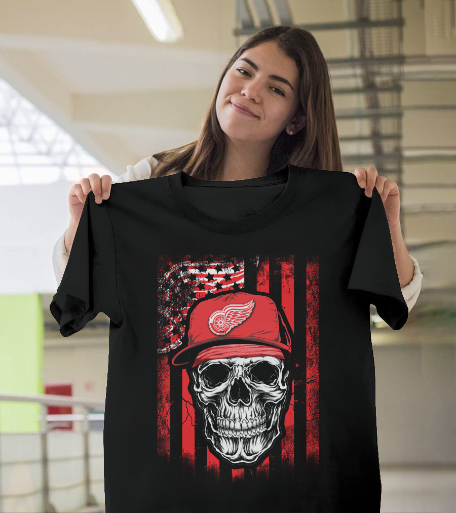 Skull Detroit Red Wings American Flag Hat T-Shirt