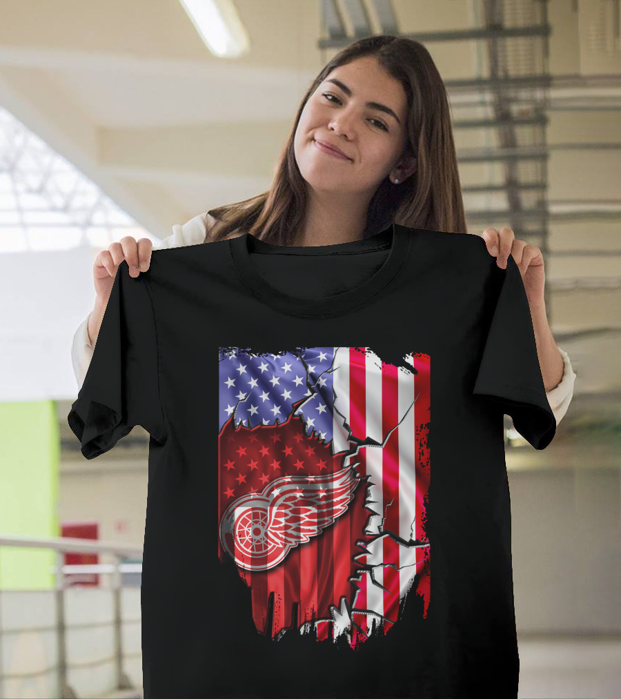 Flag Stars and Stripes Detroit Red Wings Winged Wheel T-Shirt