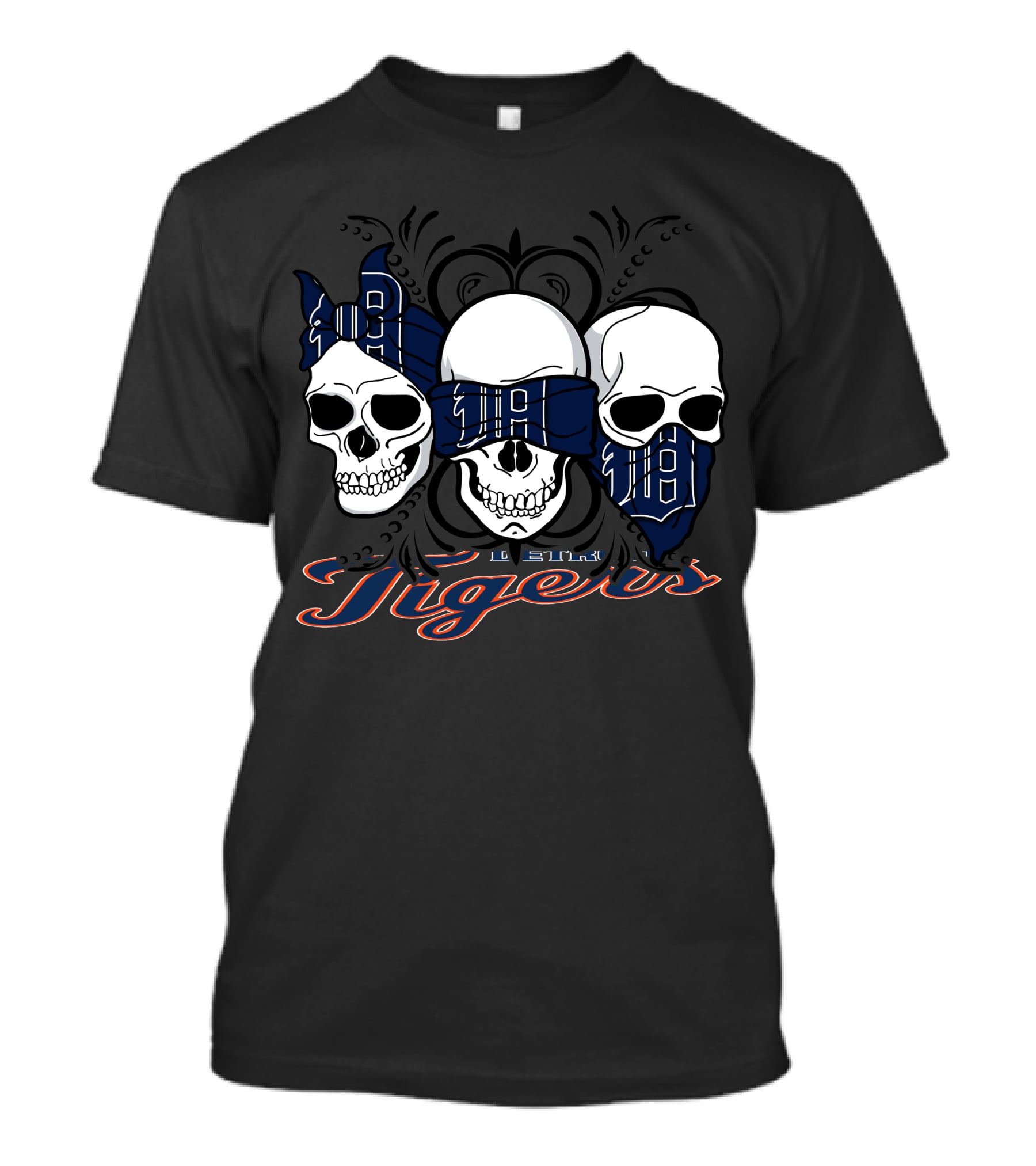 Detroit Tigers 3 Skull Pattern With Bandanas And Typography T-Shirt