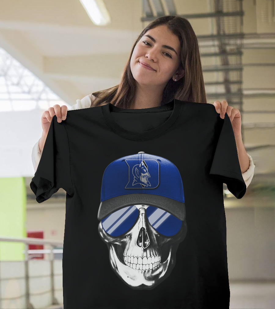 Skull Wearing Duke Blue Devils Logo Hat And Sunglasses T-Shirt
