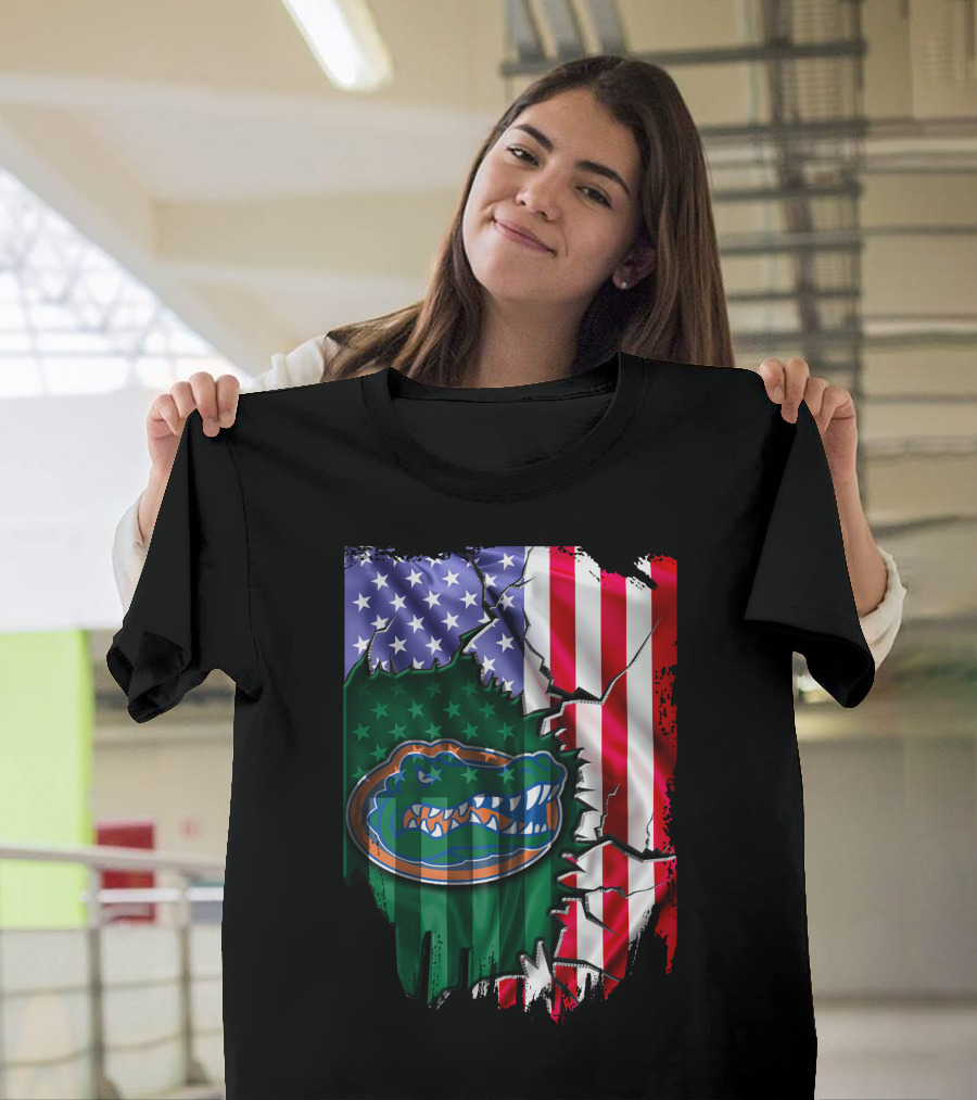 United States Flag Ripped with Florida Gators T-Shirt