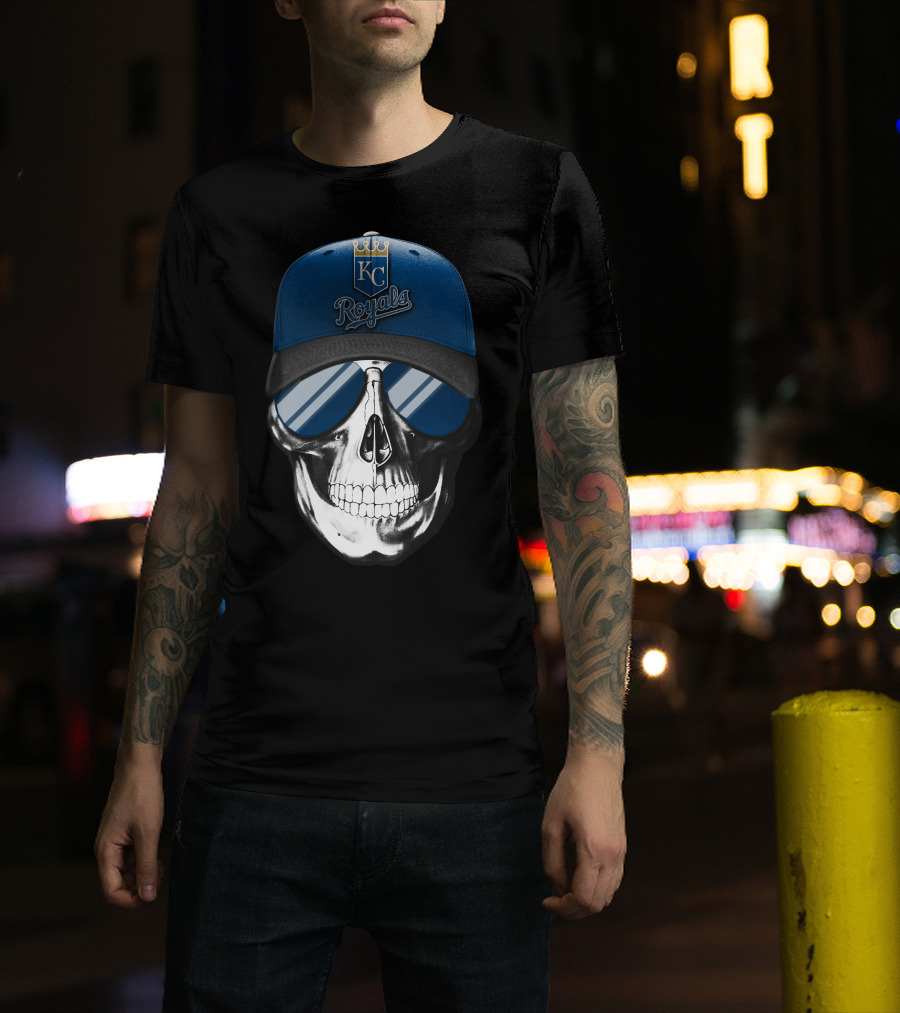 Skull With Kansas City Royals Baseball Cap And Sunglasses T-Shirt