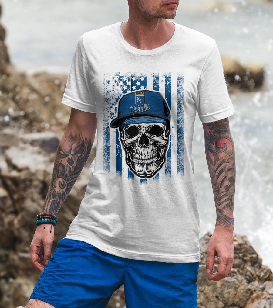 Kansas City Royals Skull With Blue Hat And Crown Symbol On T-Shirt