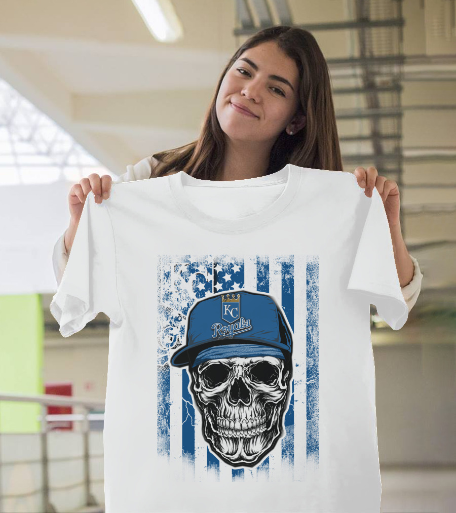 Kansas City Royals Skull with Blue Hat and Crown Symbol on T-Shirt