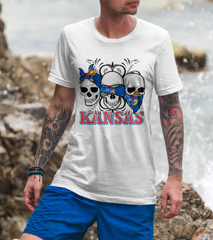 Kansas Jayhawks Skulls Bandana T-Shirt