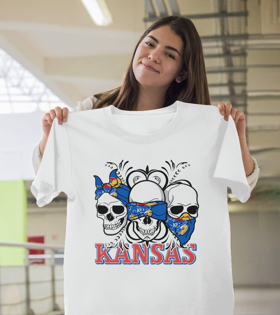 Kansas Jayhawks Skulls Bandana T-Shirt