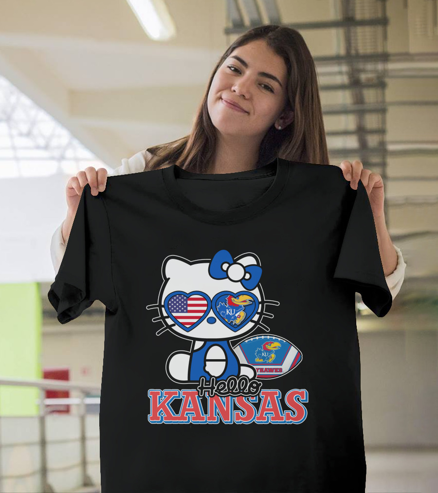 Hello Kitty Kansas Jayhawks KU Football American Flag T-Shirt
