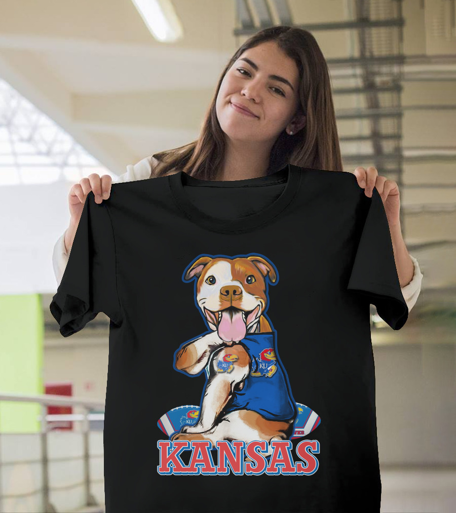 Kansas Pitbull Mascot With Jayhawks Football T-Shirt
