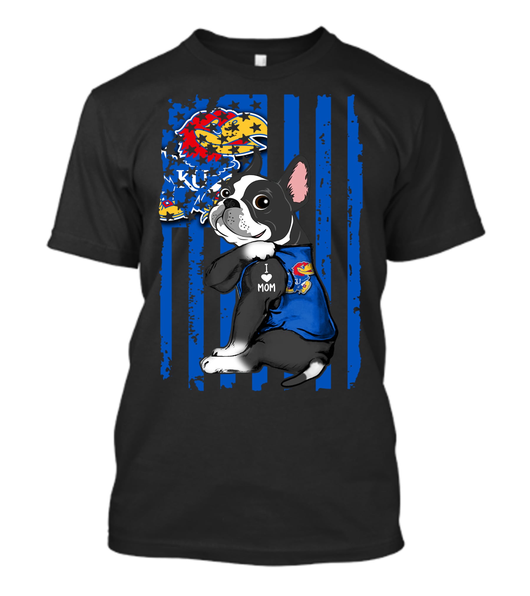 Boston Terrier I Love Mom Kansas Jayhawks KU Logo Blue Stripes T-Shirt