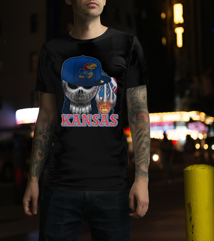 Kansas Jayhawks Skull Halloween Pumpkin Blue Cap T-Shirt