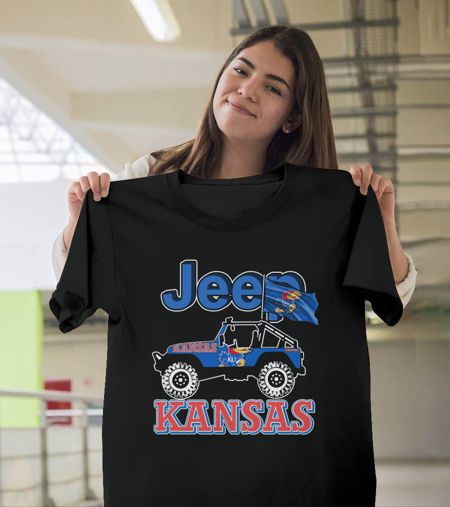Jeep Kansas Jayhawks KU Logo and Flag T-Shirt