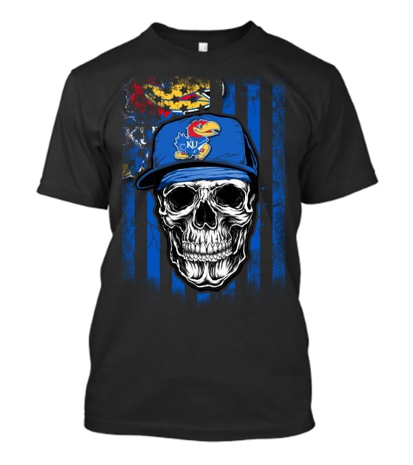 Skull Kansas Jayhawks KU Logo Hat Blue And Red Stripes T-Shirt