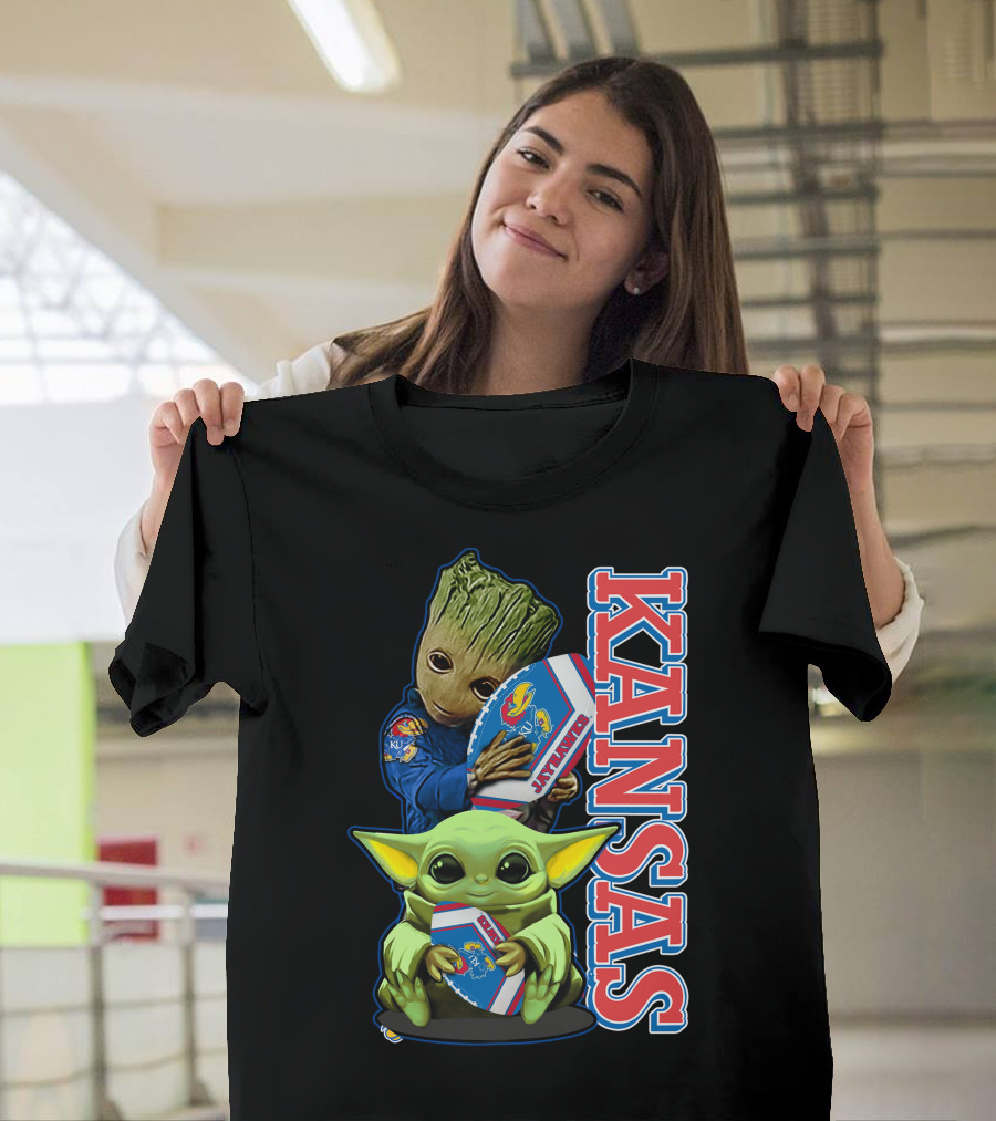 Kansas Jayhawks Groot Baby Yoda Football Hug T-Shirt