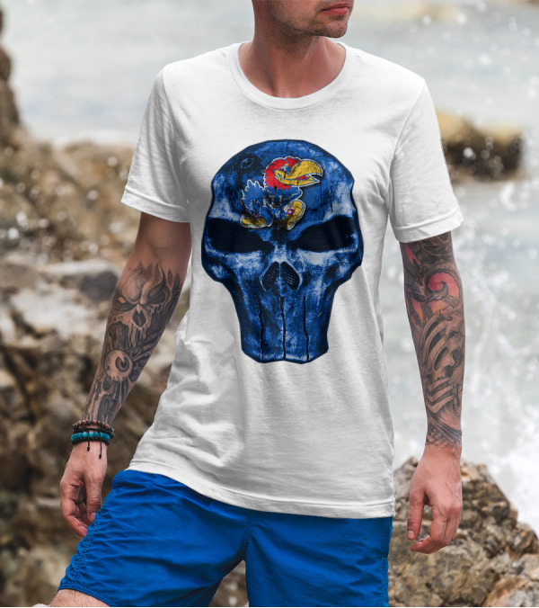 Kansas Jayhawks Logo On Blue Skull T-Shirt
