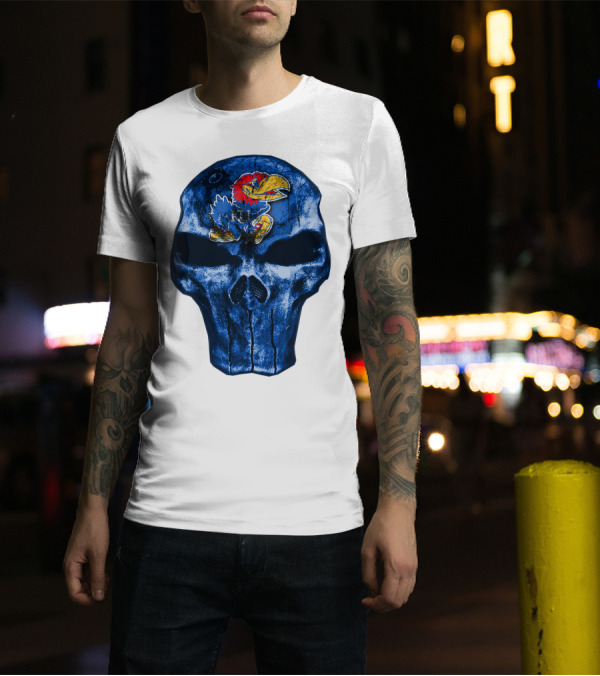 Kansas Jayhawks Logo On Blue Skull T-Shirt
