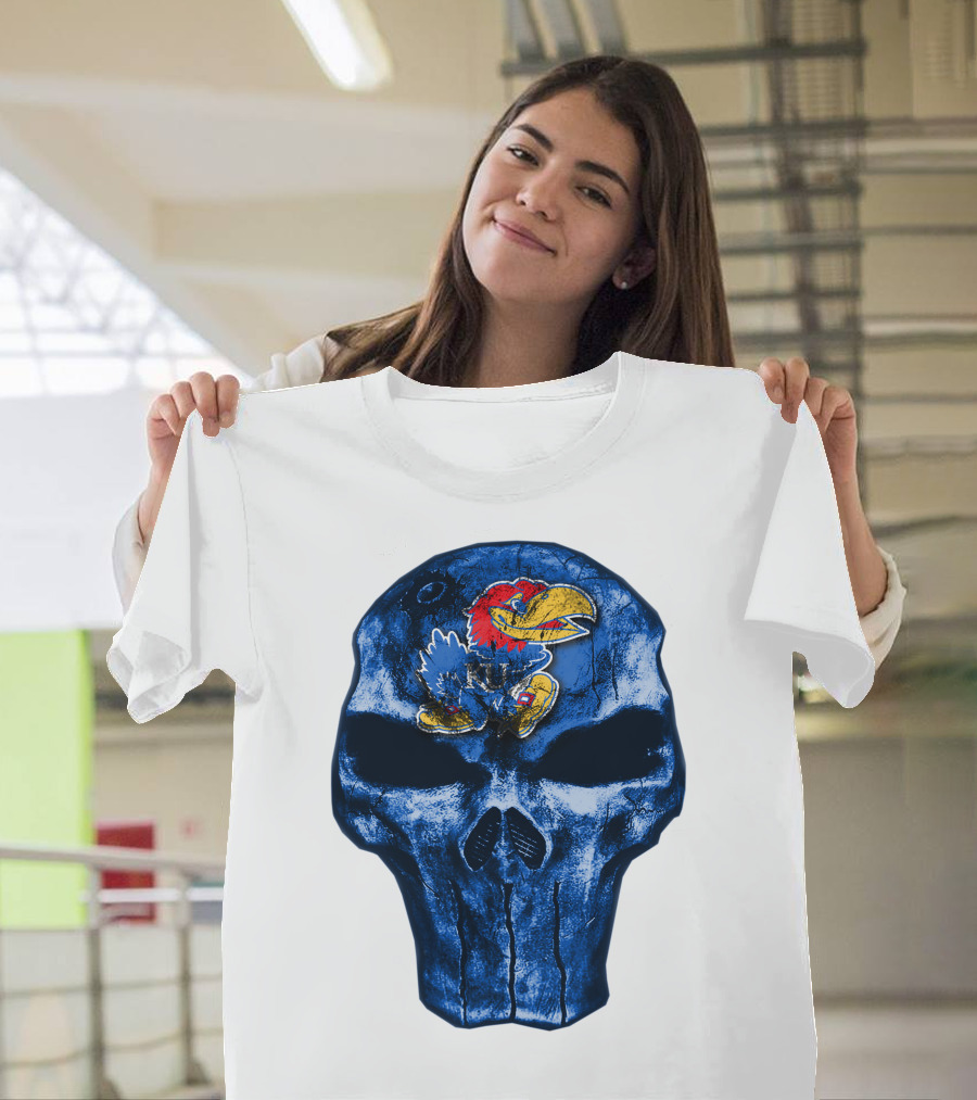 Kansas Jayhawks Logo on Blue Skull T-Shirt
