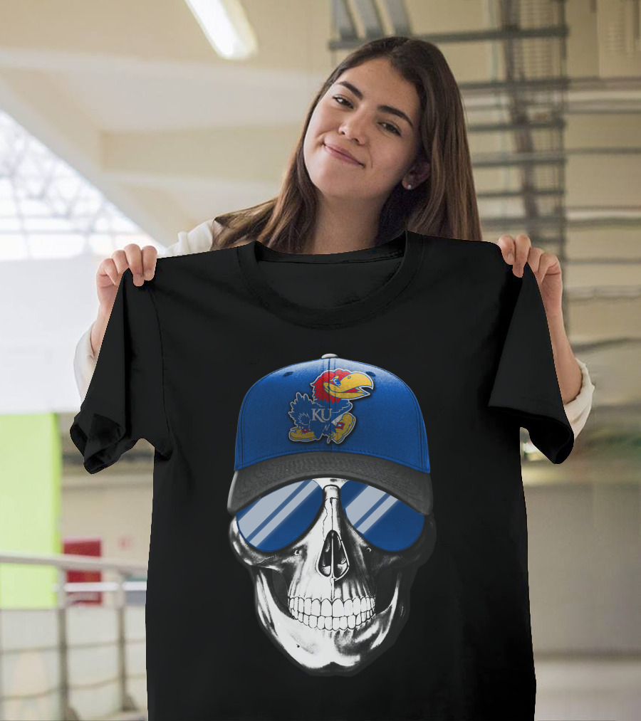 Kansas Jayhawks Skull with Blue Cap and Sunglasses T-Shirt