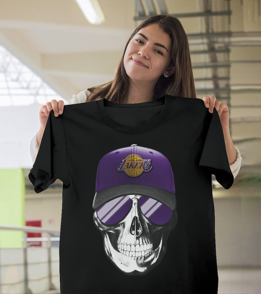 Los Angeles Lakers Skull with Purple Hat and Sunglasses T-Shirt