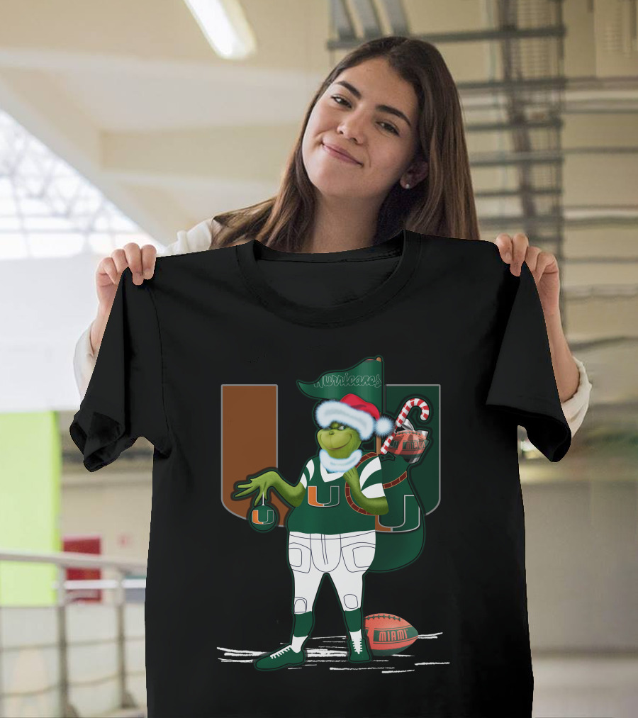 Grinchxmas Miami Hurricanes Festive Football Santa Grinch With Logo And Candy Cane Sack T-Shirt