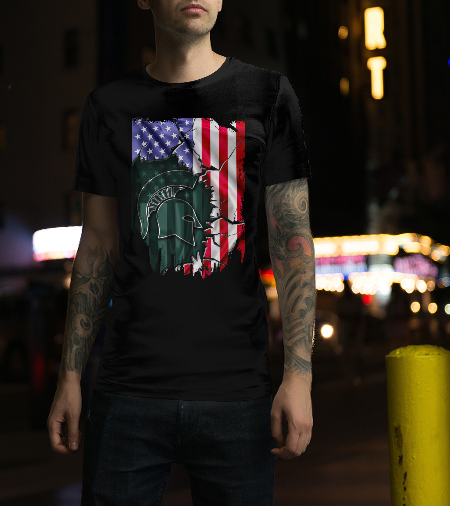 American Flag Rip Michigan State Spartans Helmet T-Shirt