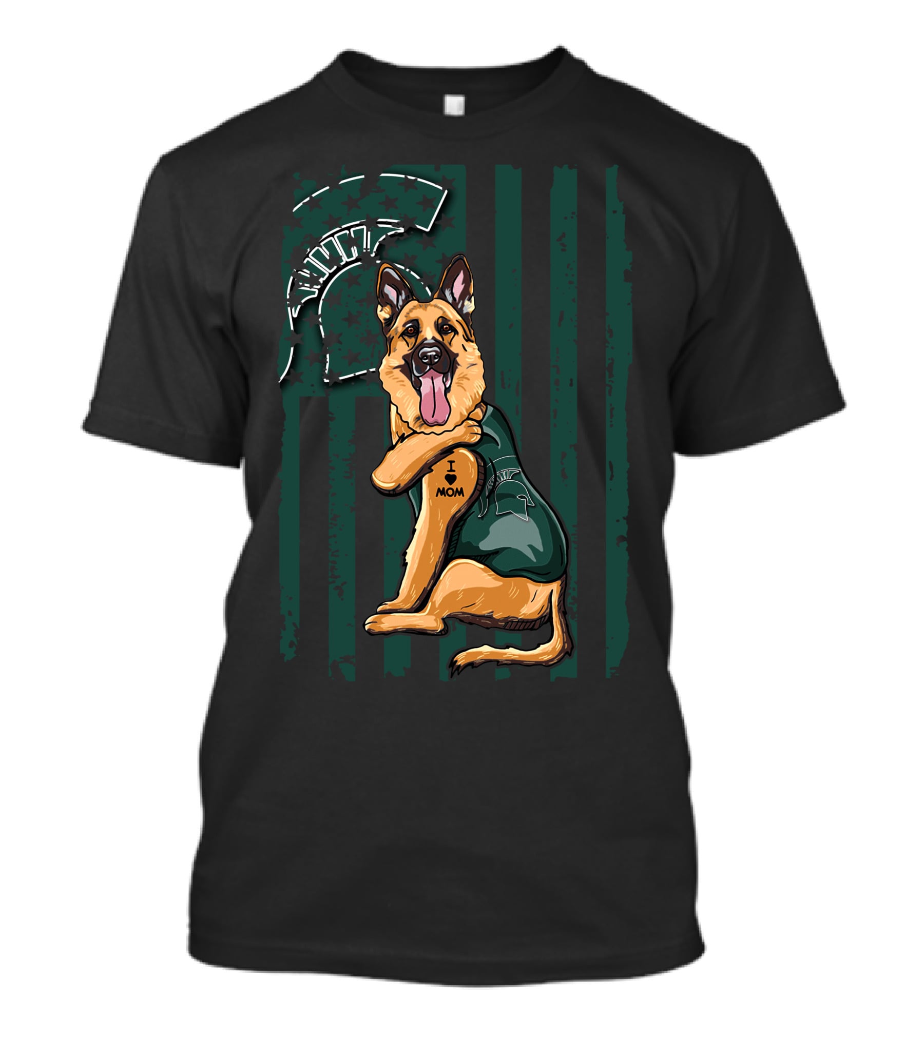 German Shepherd I Love Mom Michigan State Spartans Green And White Stripes T-Shirt
