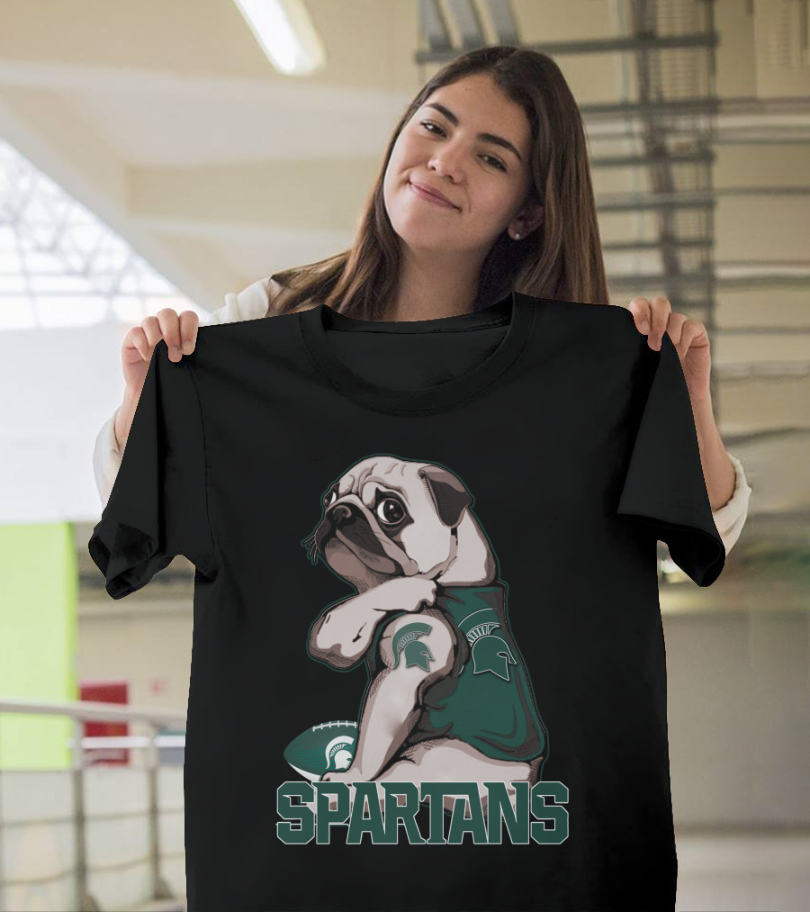 Pug Michigan State Spartans Football Fan with Spartan Helmet T-Shirt