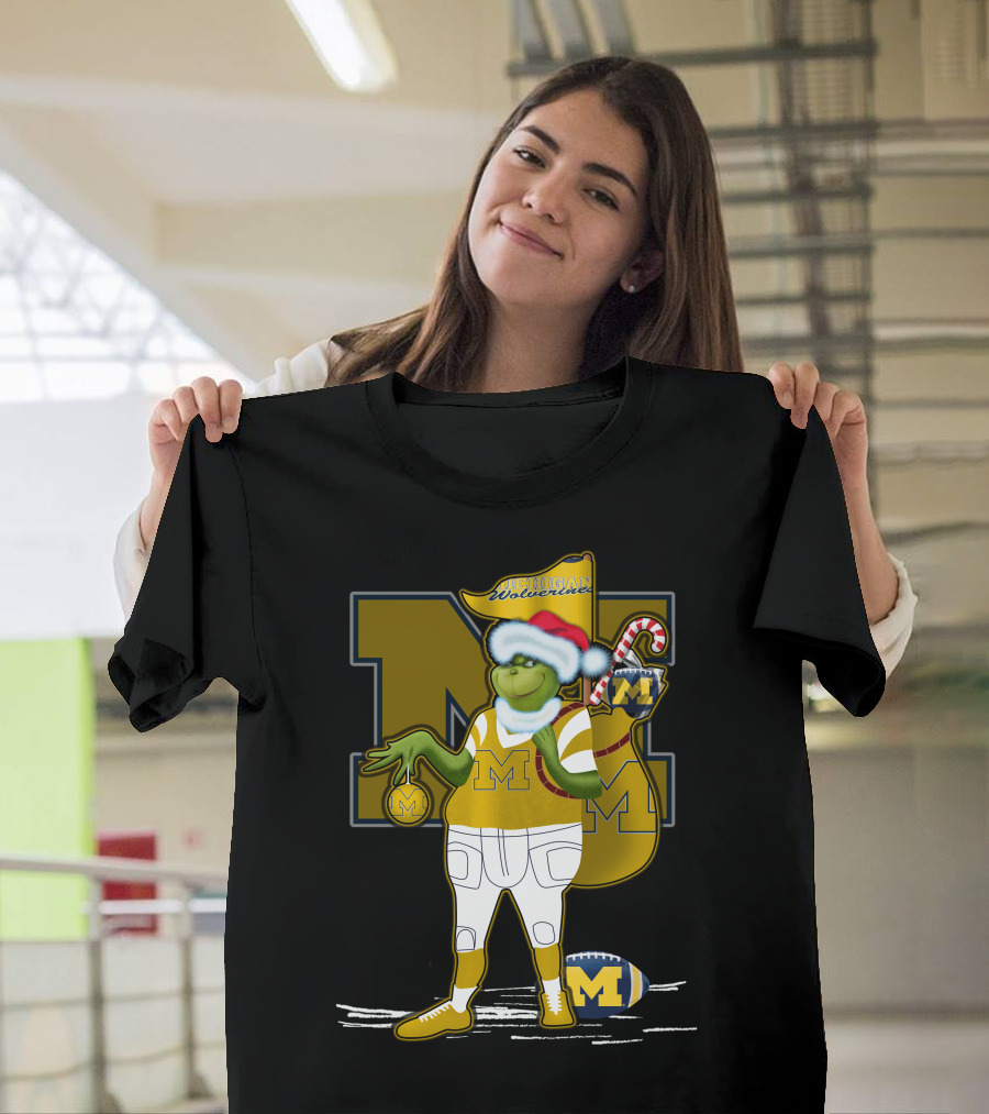 Grinchxmas Michigan Wolverines Santa Hat Football Candy Cane T-Shirt