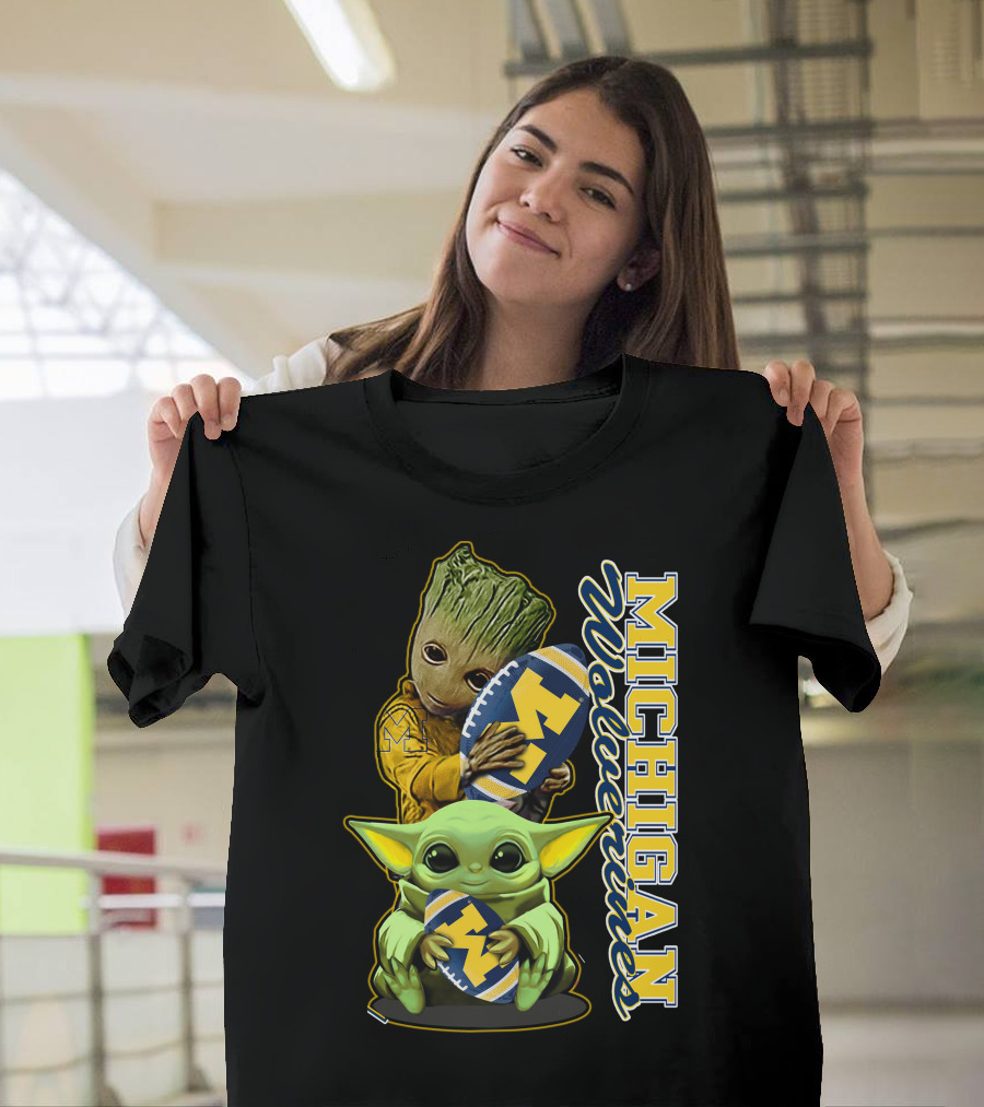 Michigan Wolverines Grogu And Groot Football T-Shirt
