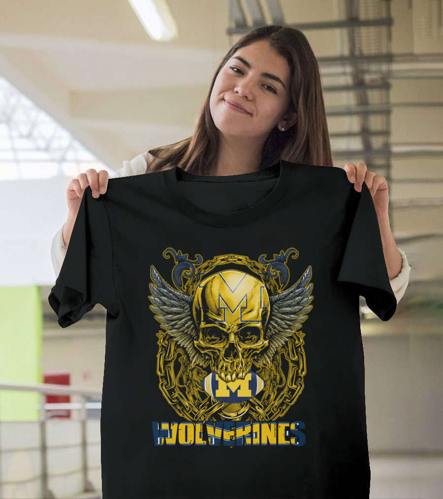 Skullfb Wolverines M Winged Skull And Football Michigan T-Shirt