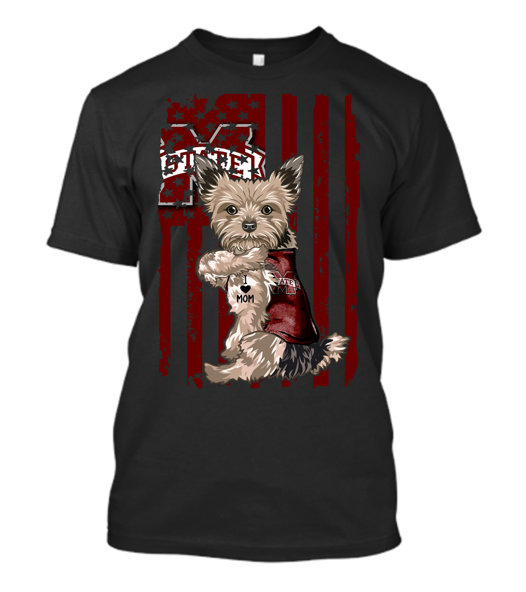 Mississippi State Bulldogs Yorkshire Terrier With Bulldog Spirit And I Love Mom T-Shirt