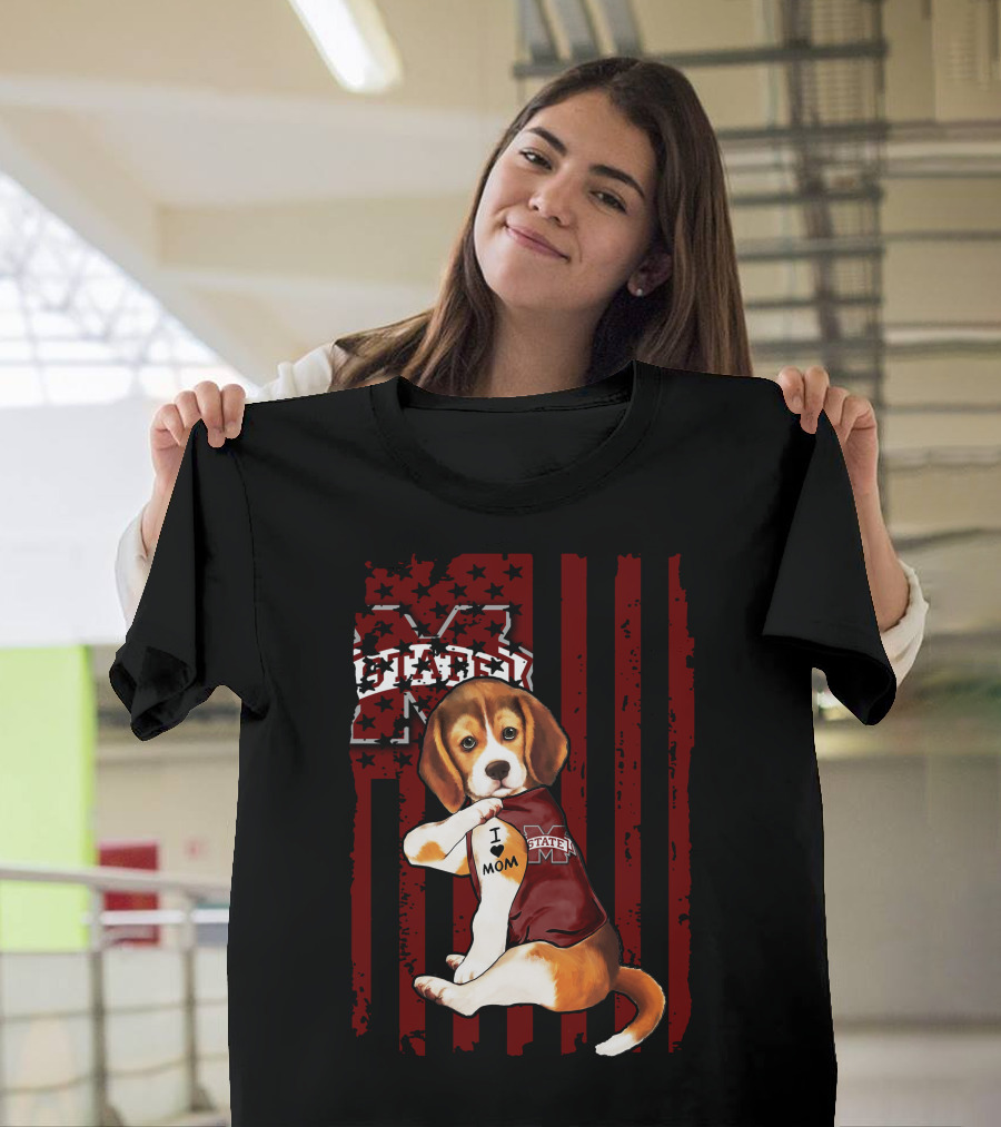Mississippi State Bulldogs Beagle with I Love Mom Tattoo T-Shirt
