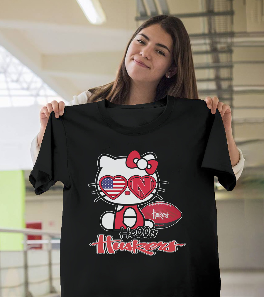 Hello Kitty Huskers Nebraska Football Heart Flag T-Shirt