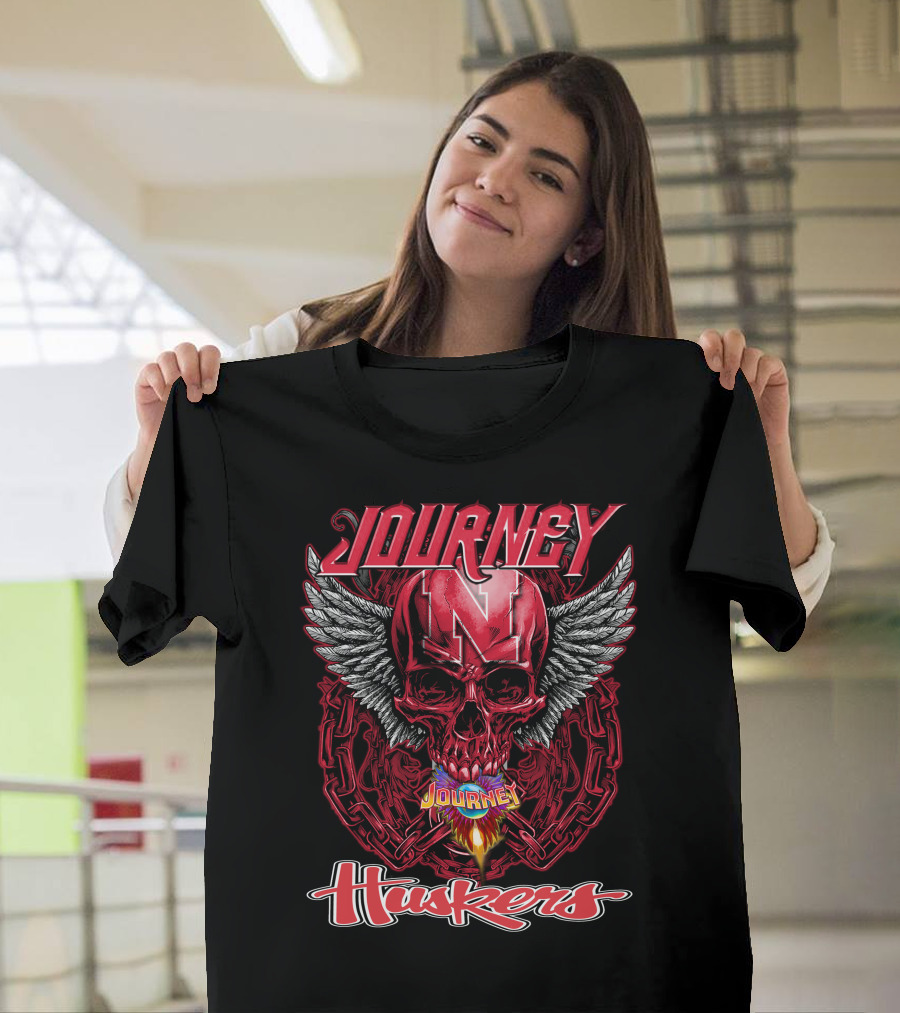 Journey Nebraska Cornhuskers Huskers Skull Winged Flame T-Shirt