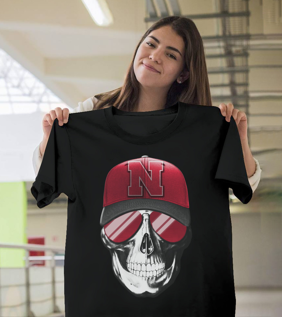 Skull Wearing Nebraska Cornhuskers Red N Cap with Sunglasses T-Shirt