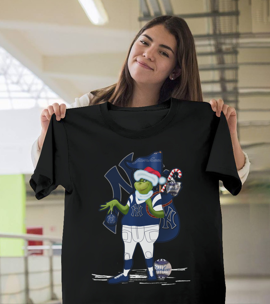 Grinchxmas New York Yankees Holiday Celebration with Santa and Candy Cane T-Shirt