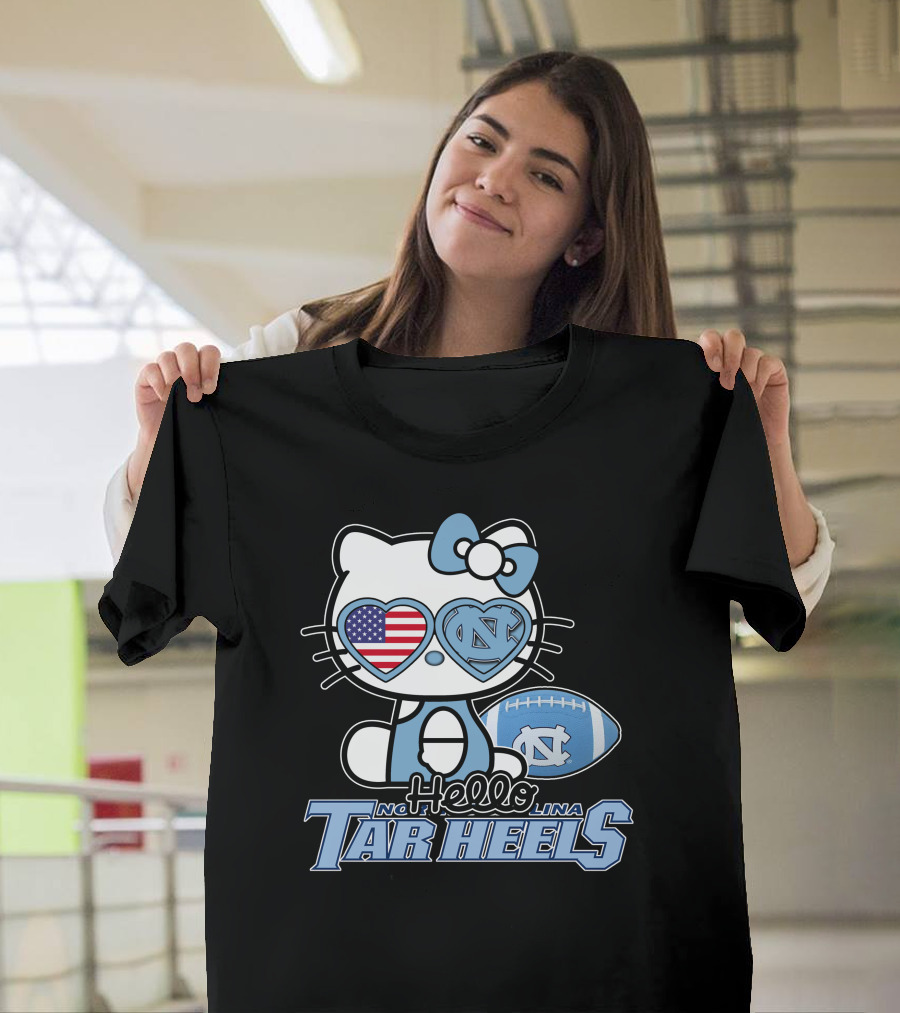 Hello Kitty North Carolina Tar Heels Football American Flag Heart T-Shirt