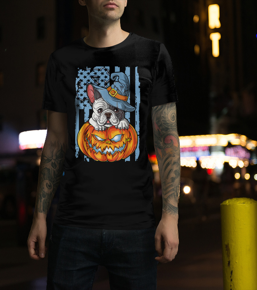 Bulldog With Witch Hat On Jack-o'-Lantern North Carolina Tar Heels Halloween T-Shirt
